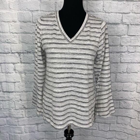 Gibson & Latimer vneck stripe top w/side slits & flare sleeve grey & white sz S - Picture 1 of 11